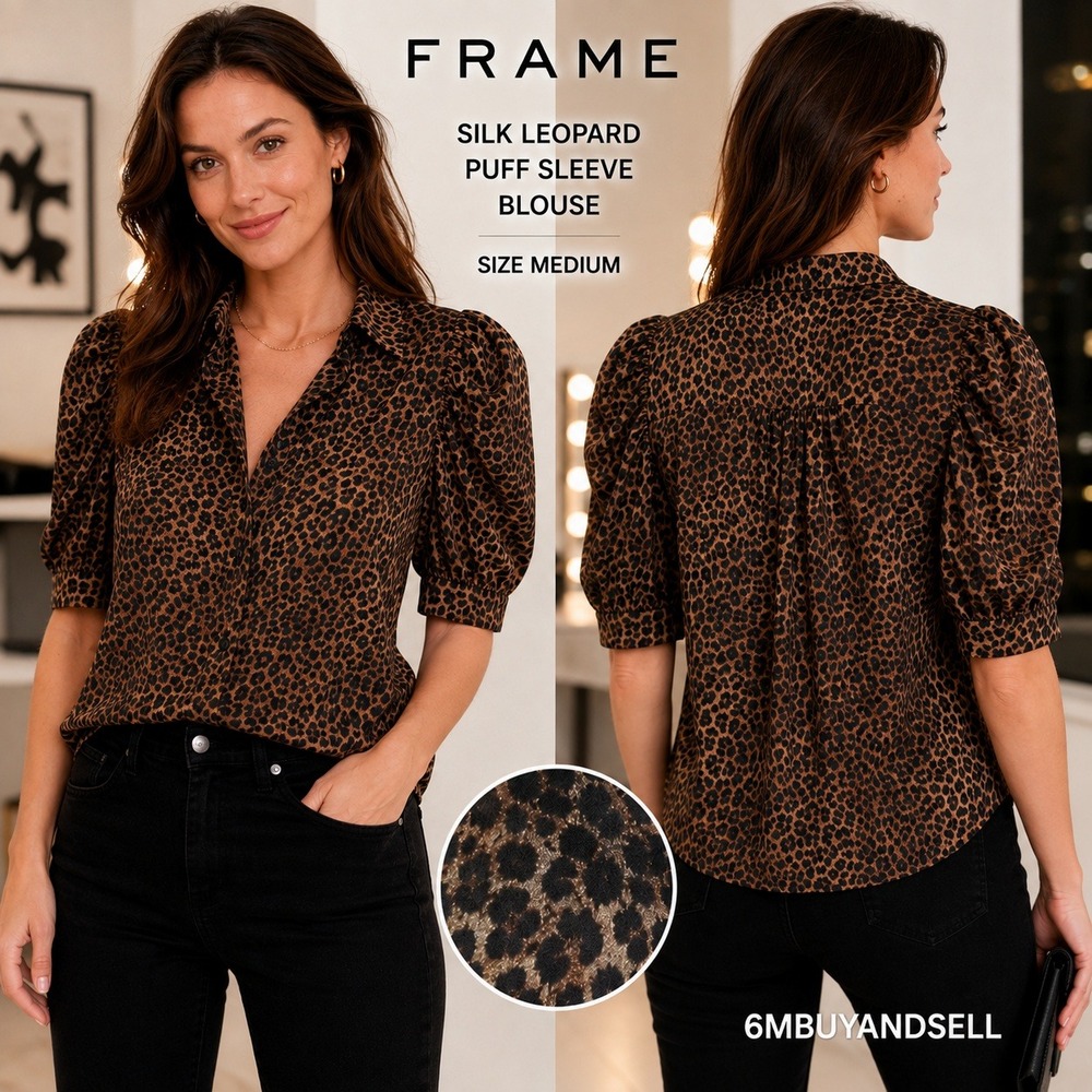 Frame Denim Silk Leopard Print Puff Sleeve Blouse LWSH2097 Brown Tan Medium
